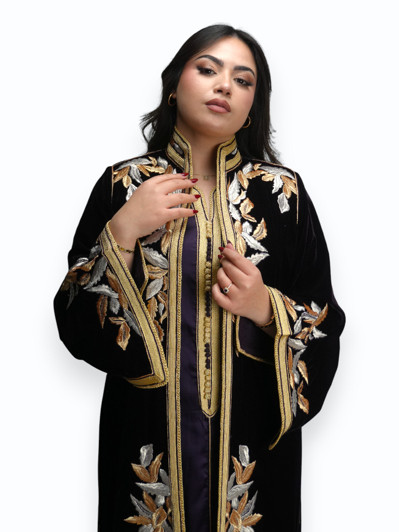 Kimono Velours Violet Impérial Noir Deux Pièces