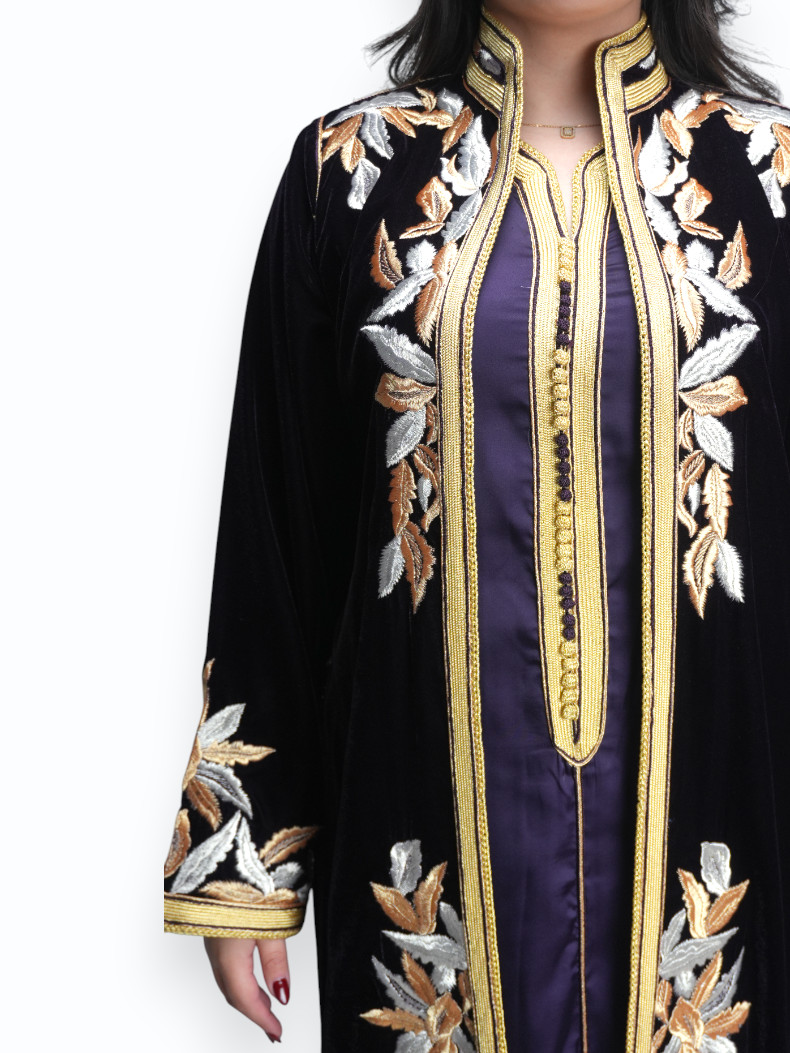 Kimono Velours Violet Impérial Noir Deux Pièces